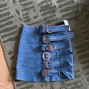Stylish Blue Denim Skirt with Decorative Belts